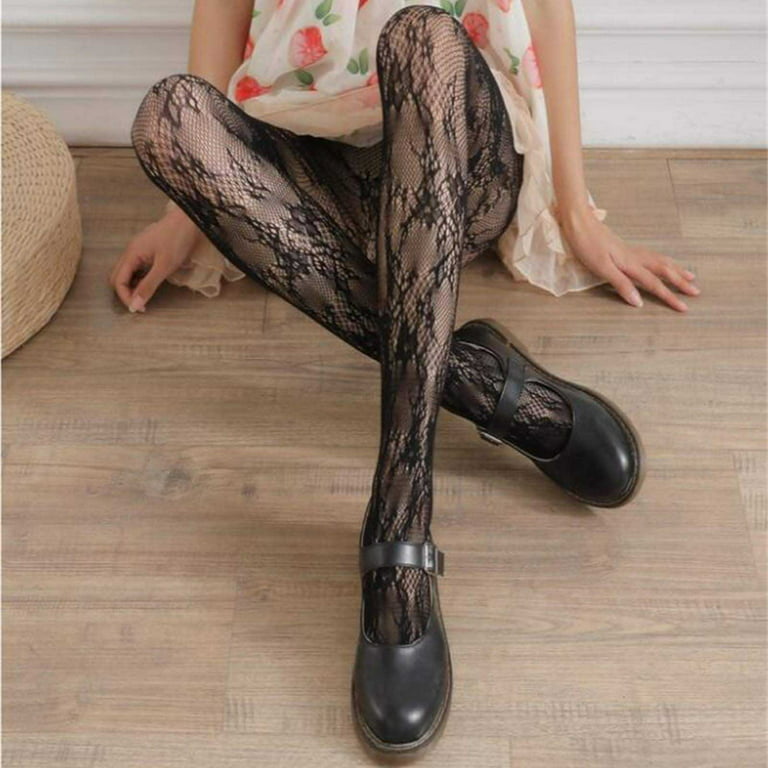 Frehsky thigh high stockings Women's Pattern Tights Fishnet Ribbon Floral  Print Pantyhose Stockings Seggings Free Size (without Panties) Black 