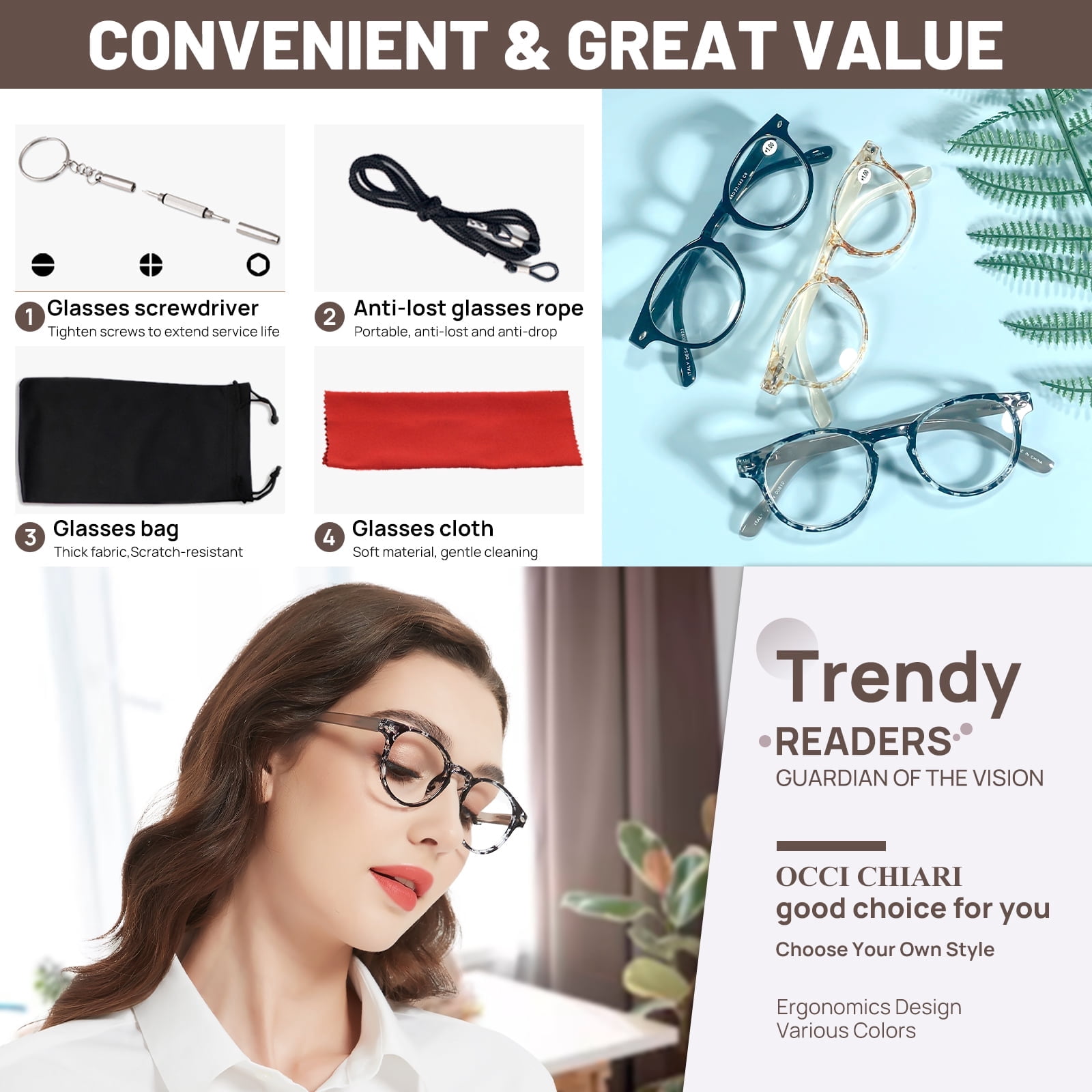 OCCI CHIARI Lightweight Designer Acetate Frame Stylish Reading Glasses for Women with Acrylic Clear Lens (Black,3.0)