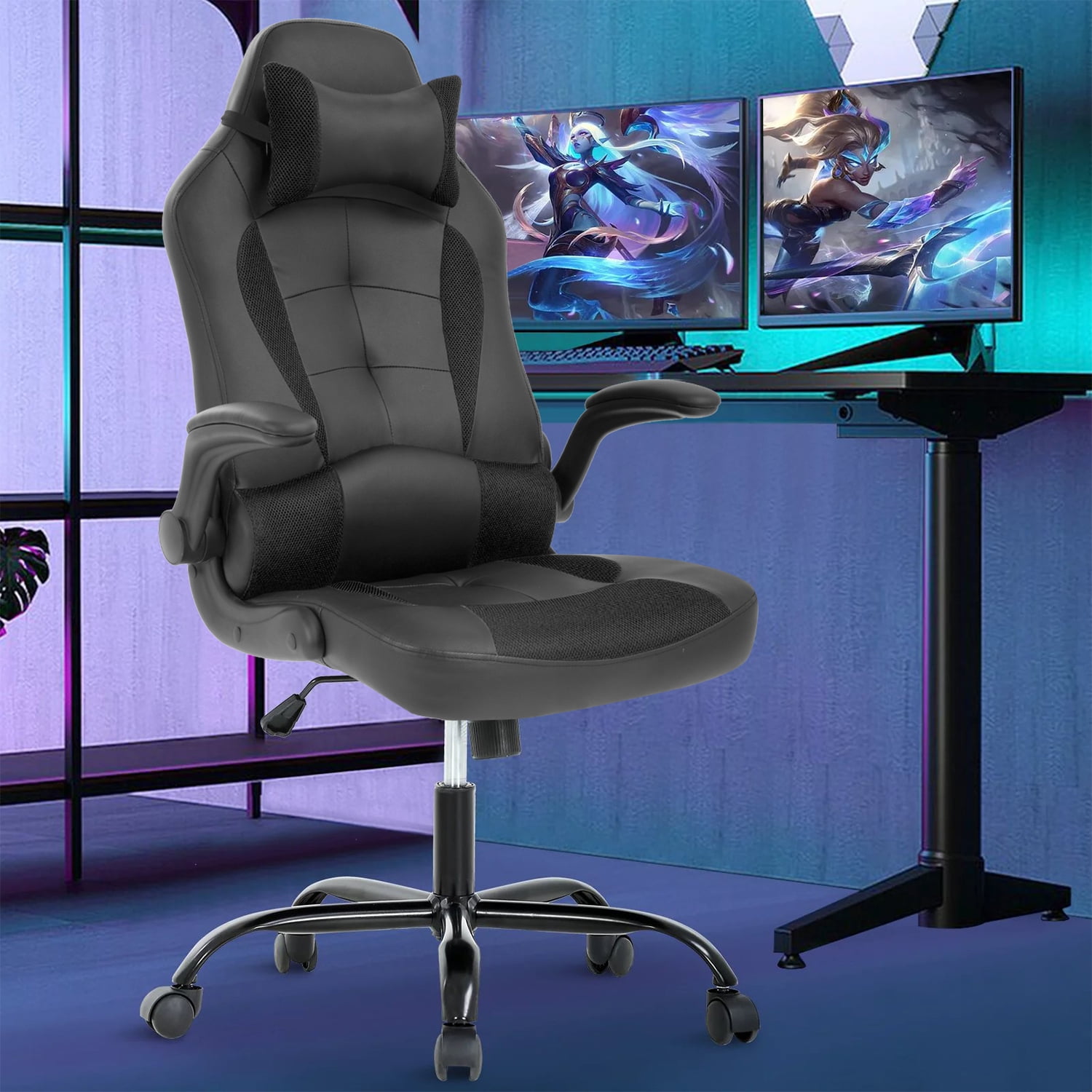 PC Gaming Chair Ergonomic & Adjustable Office Desk Chair Leather Reclining Computer Chair with Flip Up Arms Headrest for Adult Teen,Black