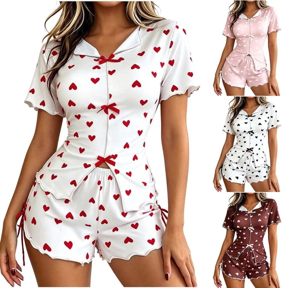 Liweisiy Women's Heart Print 2 Piece Pajama Sets Lapel Split Front Tops Elastic Waist Bow Shorts Graphic Trendy Sleepwear Pink M