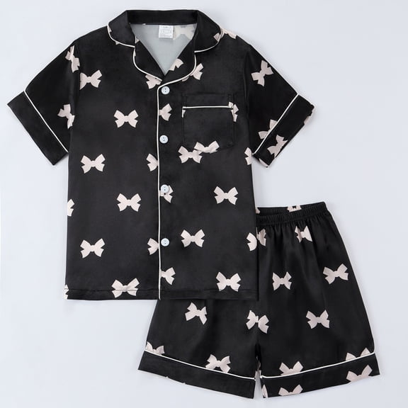 BOOMNY Baby Girls 2 Peice Pajamas Sets Bowknot Graphic Short Sleeve Buttons Sleepwear Tops Shorts Pjs Set for Kids Cozy Loungewear Homewear