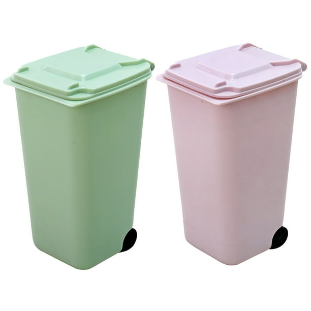 2 mini botes de basura con tapa, pequeño bote de basura de escritorio, soporte para bolígrafos para dormitorio, oficina, escritorio, coche.