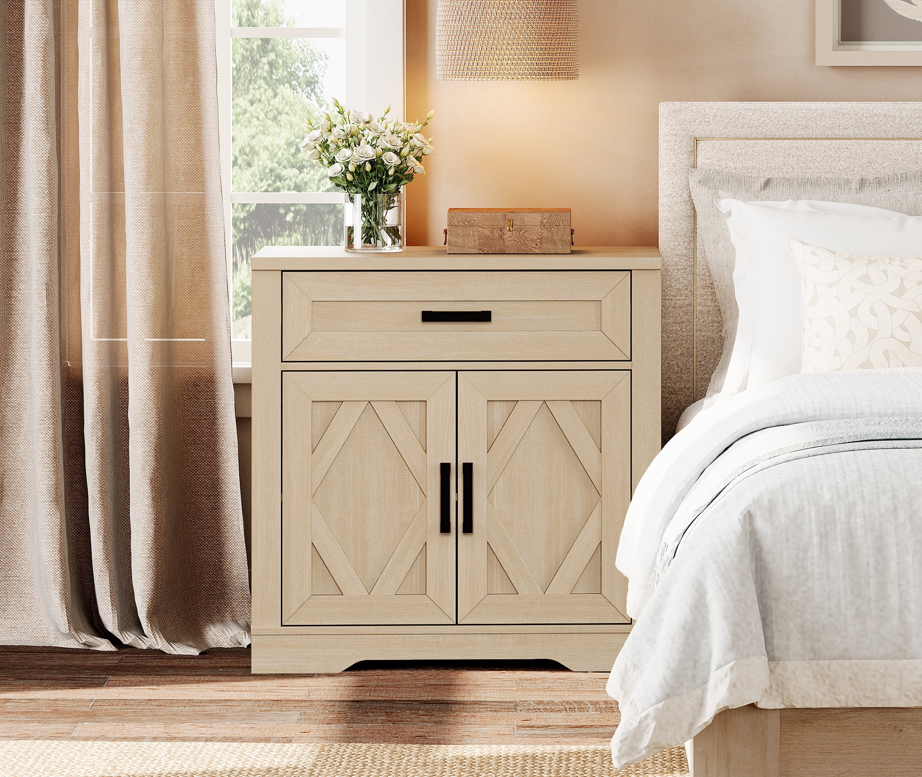 WAMPAT 31.5"W Farmhouse Buffet Sideboard with Barn Doors, Drawer & Storage, Beige