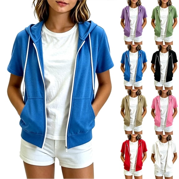 Girls Solid Loose Zip up Hooded Jacket Lightweight Short Sleeve Sweatshirt Jacket with Pockets, Casual Spring Fall Outerwear for Kids White 170(170)