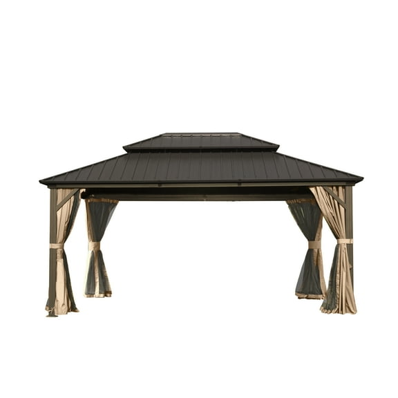 12' X 14' Hardtop Gazebo, Aluminum Metal Gazebo with Galvanized Steel Double Roof Canopy, Curtain and Netting, Permanent Gazebo Pavilion for Party, Wedding, Outdoor Dining, Brown