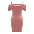 thumbnail image 5 of Usmixi Dresses for Women 2023 Night Party Club Basic Ruched Sexy Cold Shoulder Bodycon Dresses Short Sleeve V-Neck Solid Summer Mini Formal Dress Pink xl Under $5, 5 of 6