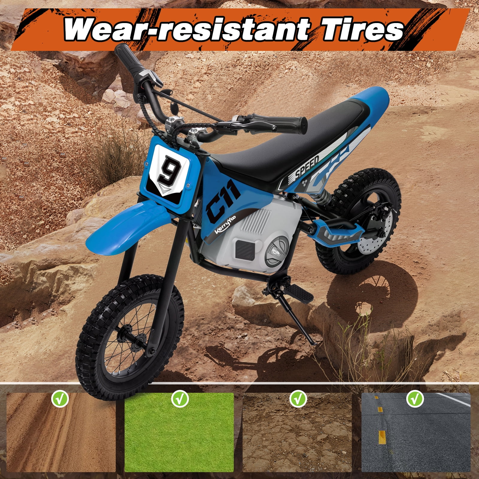 Electric Dirt Bike for Kids 6+, 24V Motorcycle, Electric Motorbike, 5-10 mph, High/Low Speeds-Blue