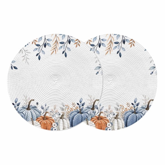 Fall Blue Pumpkin Round Placemats Set of 2, Braided Polypropylene Place Mats, Thanksgiving Autumn Eucalyptus Leaves Washable Table Mats for Kitchen Dinner Holiday Wedding Party Coffee Table Decor 13"