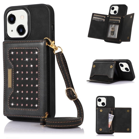RFID Blocking Wallet Case for iPhone 14 6.1" 5G 2022, Bling PU Leather Flip Folio Stand Card Slots Magnetic Snap Derachable Shoulder Strap Case for iPhone 14, Black
