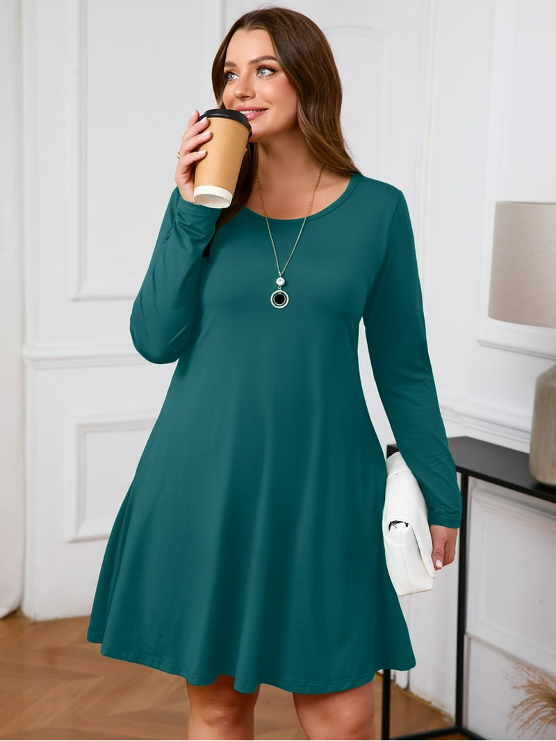 Showmall Plus Size Long Sleeve T-Shirt Dress for Women, Indigo Blue 3X Crewneck A-Line Casual Dress, Work/Dating/Travel, Easy Layering