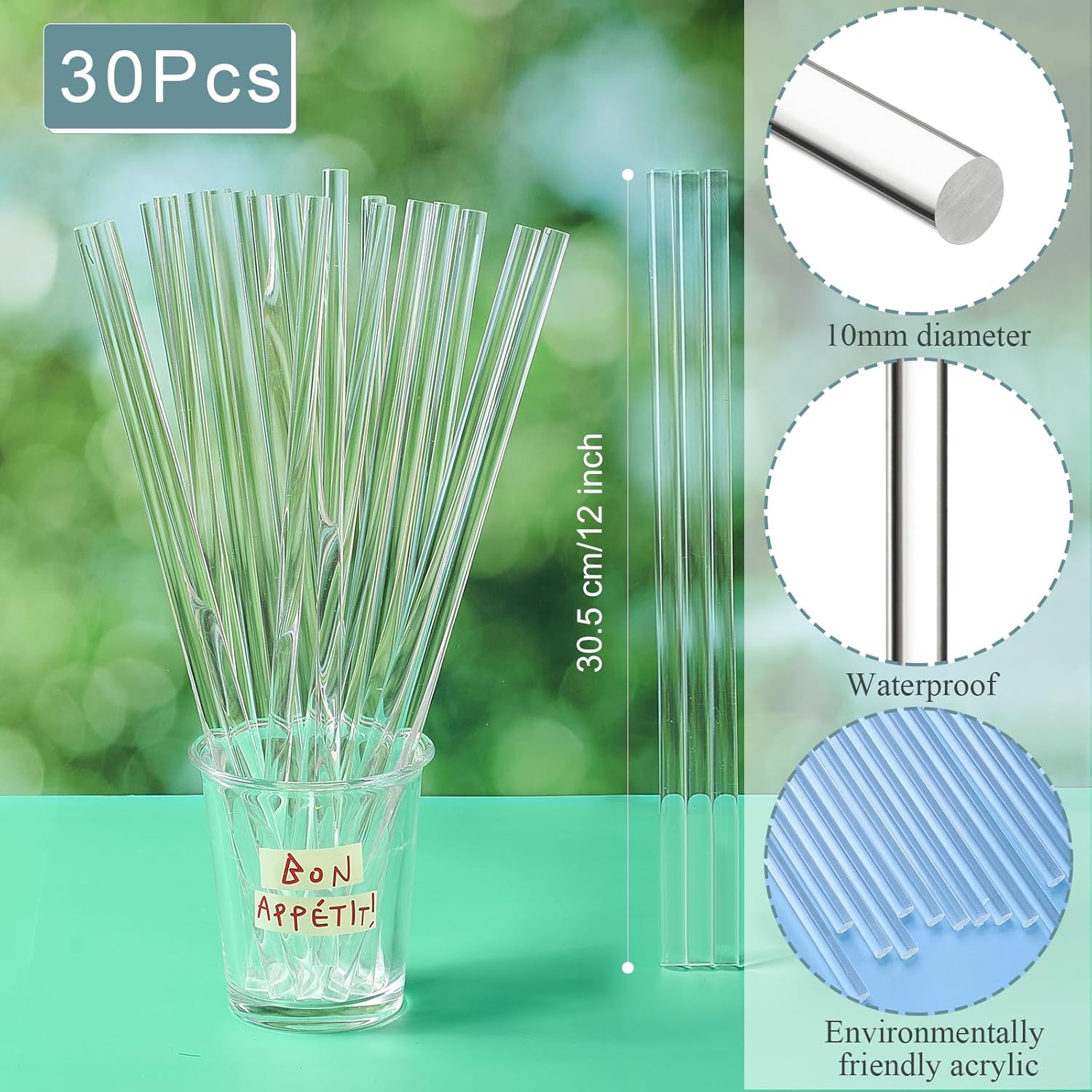 30 Pieces 12 Inch Acrylic Dowel Rods for DIY Crafts Acrylic Round Rods Strip Sticks Cake Topper Rod for DIY Handwork Supplies (0.39 Inch /10mm Diameter)