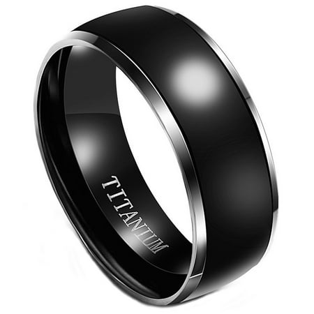 Black Titanium Segment Rings - Men's Titanium Wedding Ring 8mm Polished Black and Silver Color Wedding Band, Comfort Fit