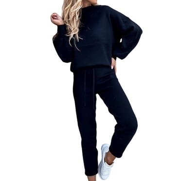 Bellella Women Jogger Set Solid Color Sweatsuits Plain Two Piece Outfit Casual Long Sleeve Lounge Sets Running Navy Blue M