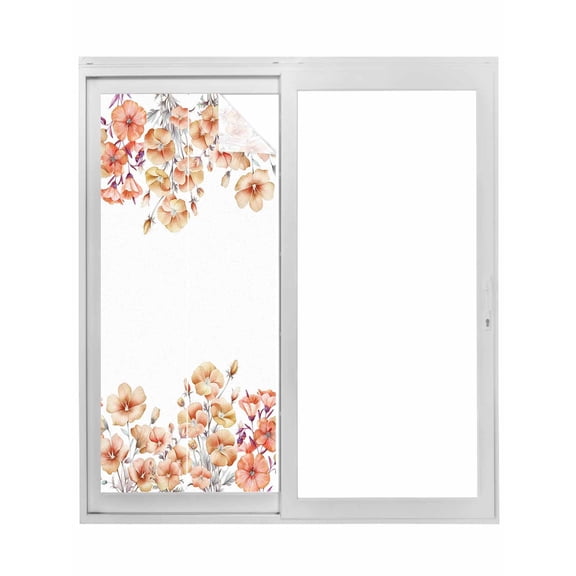 Orange Spring Floral Window Privacy Film, Summer Botanical Watercolor Flower Static Cling UV Sun Blocking Tint Film Heat Control Windows Films for Bedroom Bathroom, Window Stickers 35.4"x78.7"
