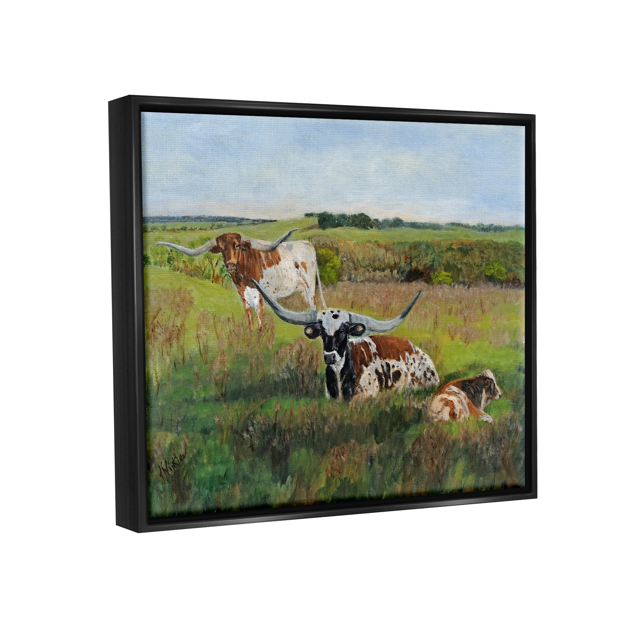 Stupell Country Pasture Longhorn Cattle Animals & Insects Painting Black Floater Framed Art Print Wall Art