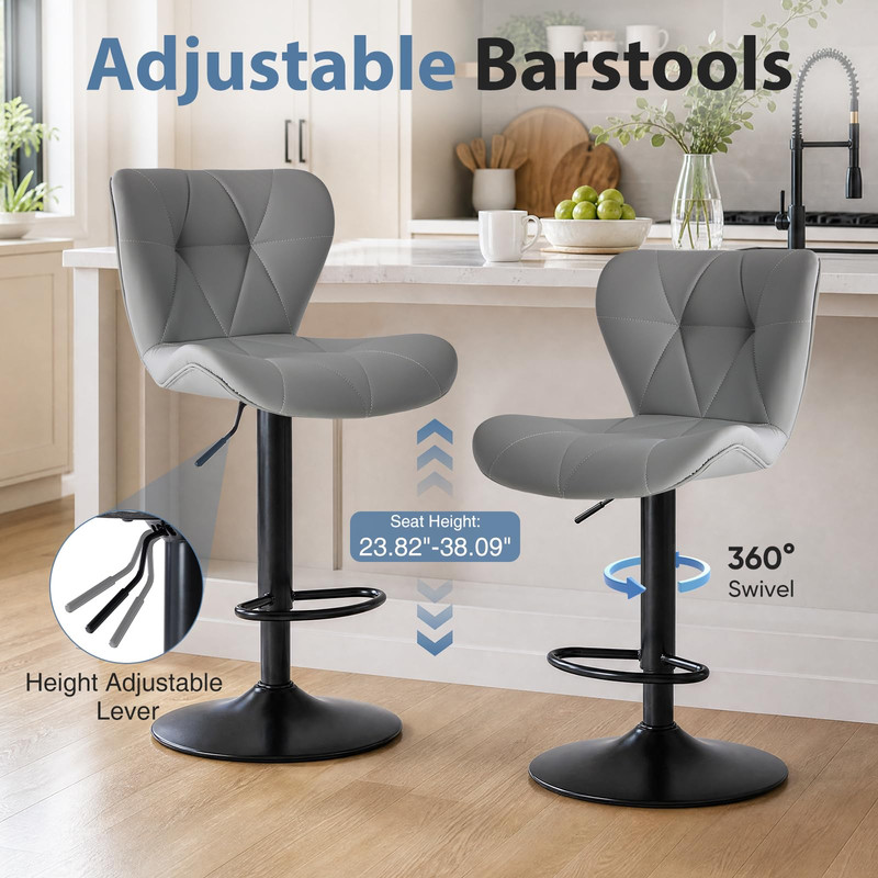 Kelno Swivel Bar Stools Set of 2 Adjustable Height PU Leather Seat with Backrest 360° Swivel for Kitchen Island, Gray