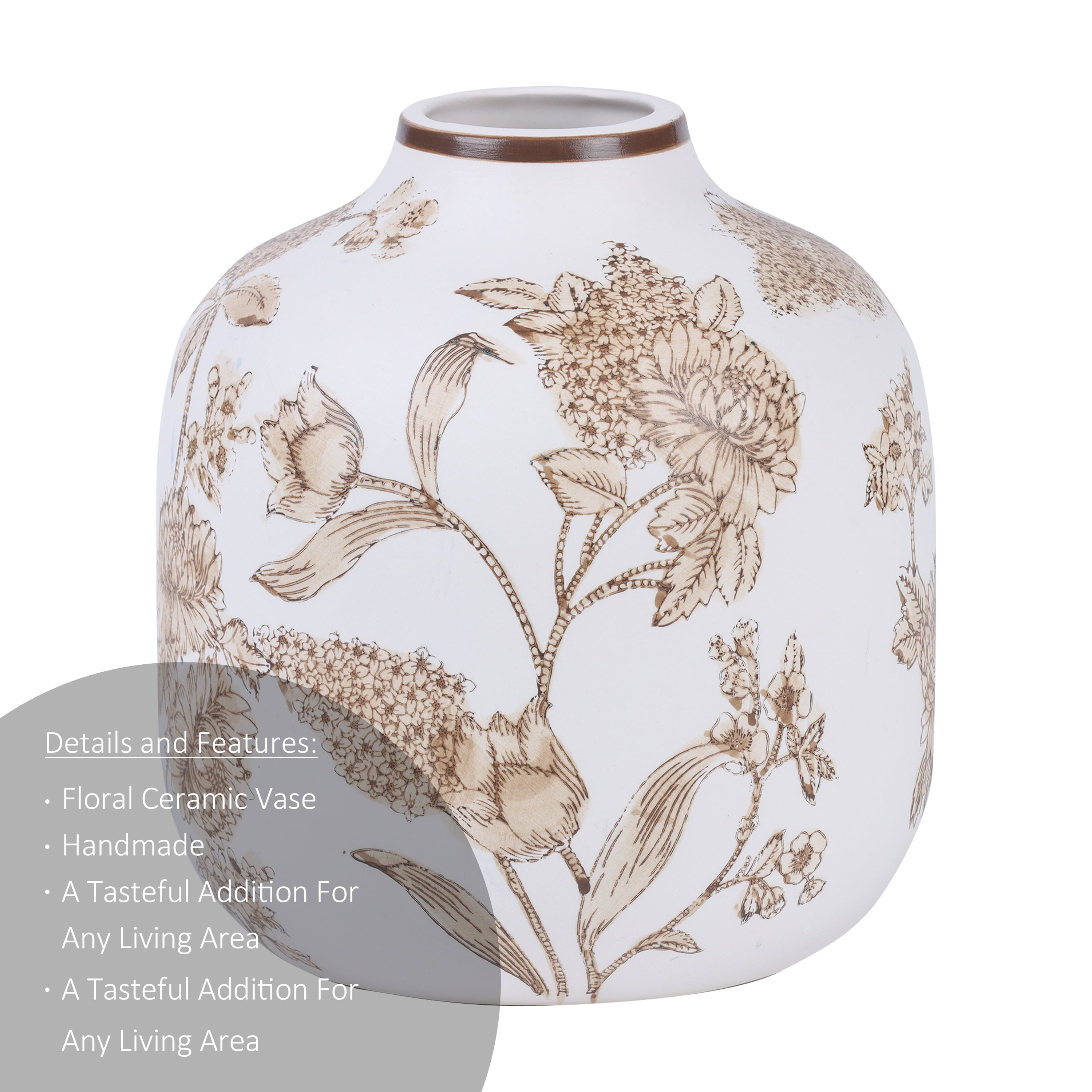 Home Decor Collection Sterling & Noble Home White Ceramic Brown Floral Painted Tabletop Vase