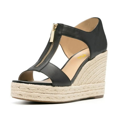 FSJ Women Round Open Toe Espadrille Wedge Sandals Comfortable with Zipper Platform T-strap Sandals Casual Summer Shoes Size 16 Black