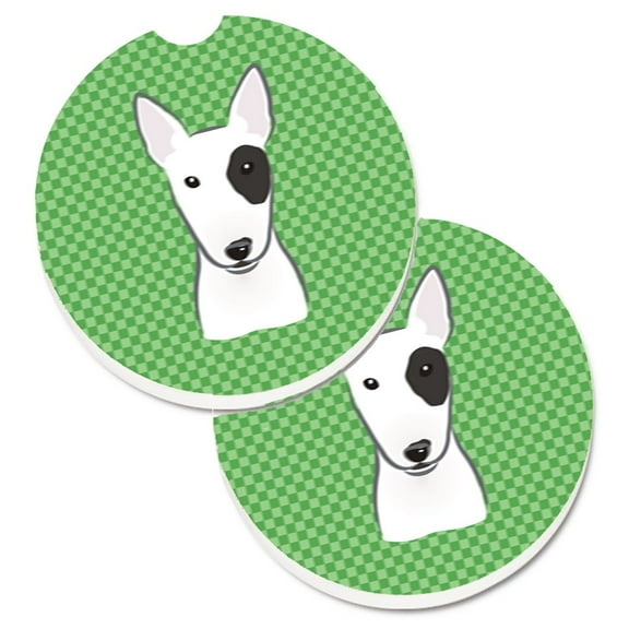 Green Checkered Bull Terrier Set of 2 Cup Holder Car Coasters