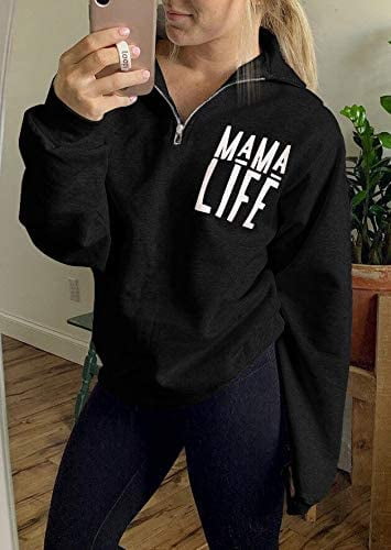 Women Mama Sweatshirt Mama Life Zip Up Pullover High Collar Quarter 1/4 Zip Coat Jacket Casual Long Sleeve Shirt Top