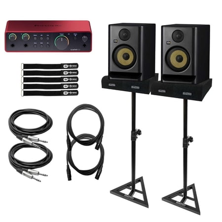 KRK Generation 5 Rokit RP5 G5 5" Powered Monitors with Focusrite Scarlett 2i2 4th Gen Interface & Clutch Stands Package
