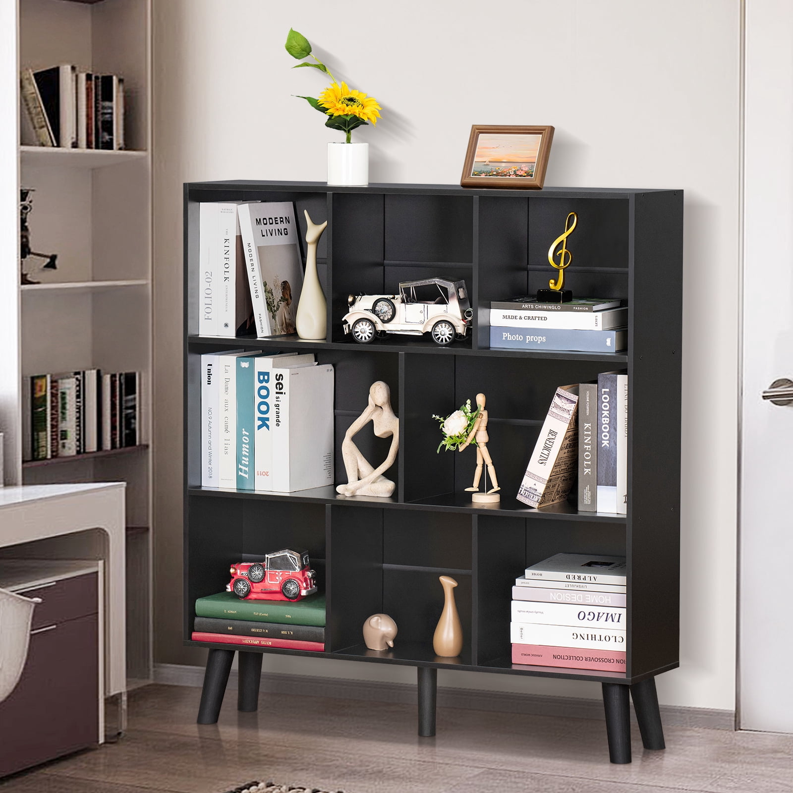 LEYAOYAO 3-Tier Bookcase with 8 Open Cubes, Modern Wooden Storage Rack, Multi-Use Shelf for Living Room, Office, Study, Black