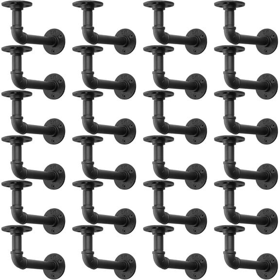 Black Shelf Brackets, 24 Pack L Pipe Floating Shelf Bracket, Heavy Duty Wall Mount Supports, Industrial Vintage Iron Finish DIY Pipe Shelving (7*4 Inch)