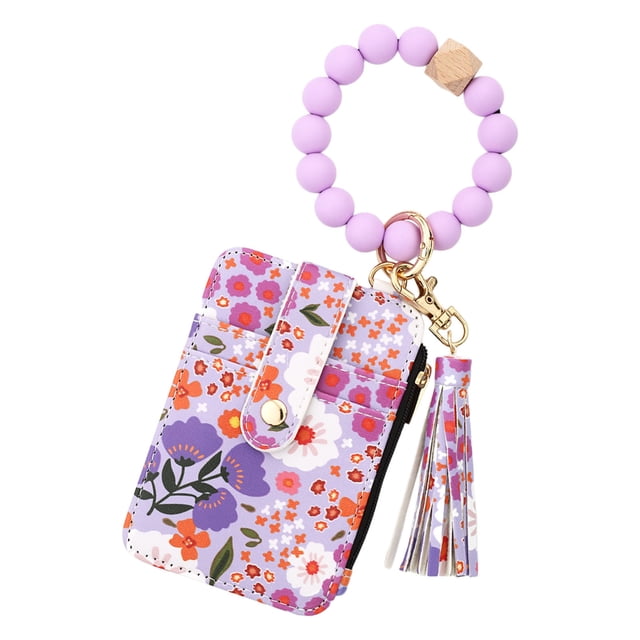 Mom's Best Cartera para mujer, llavero estilo bohemio, cartera con flores, llavero con cuentas moradas y borla, tarjetero de silicona, monedero, pulsera con cuentas doradas.