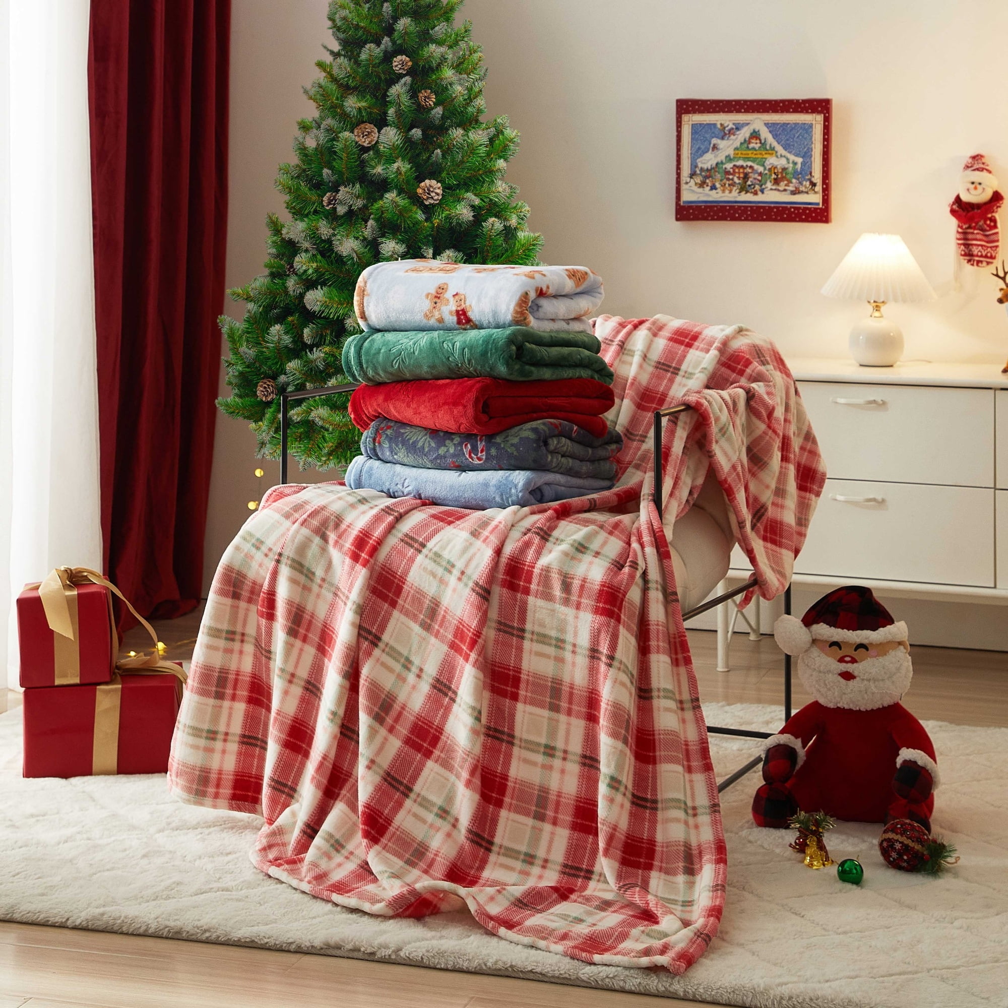 Holiday Time Cozy Christmas Plush Embossed Bows Overized Throw Blanket, 50"x70"