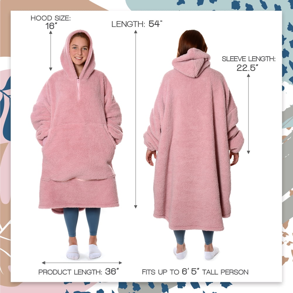 Tenby Wearable Blanket with Sleeves for Women and Men, Oversized One Size Sherpa Blanket Hoodie Sweatshirt with Front Pocket, Foldable Portable Travel Pillow with Handle and Trolley Straps, Pink