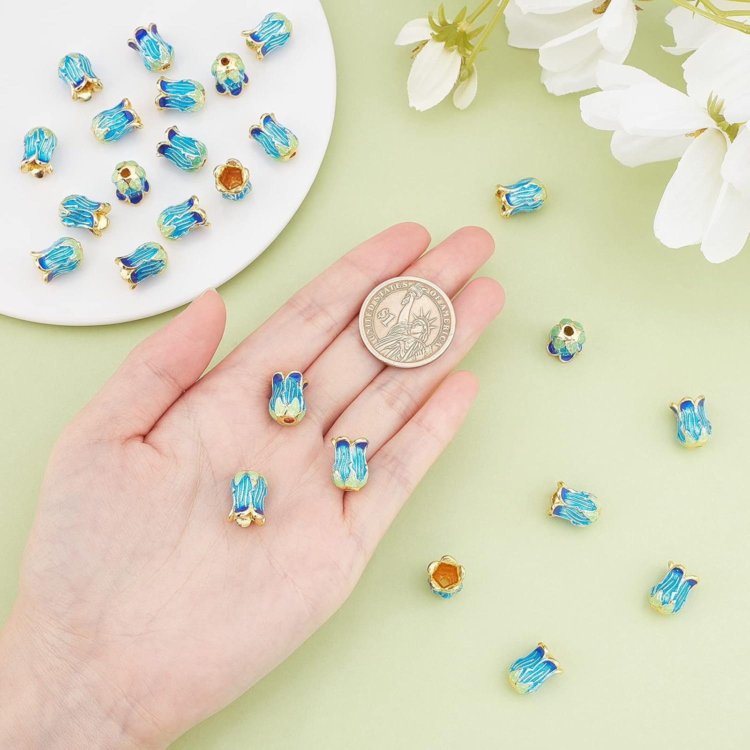 25pcs 5-Petal Rack Plating Brass Enamel Bead Cap for Jewelry Making Findings Golden