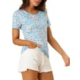 thumbnail image 4 of Blusa de manga corta con cuello redondo de estampado floral para mujer Inspire Chic, talla M, azul, 4 of 7