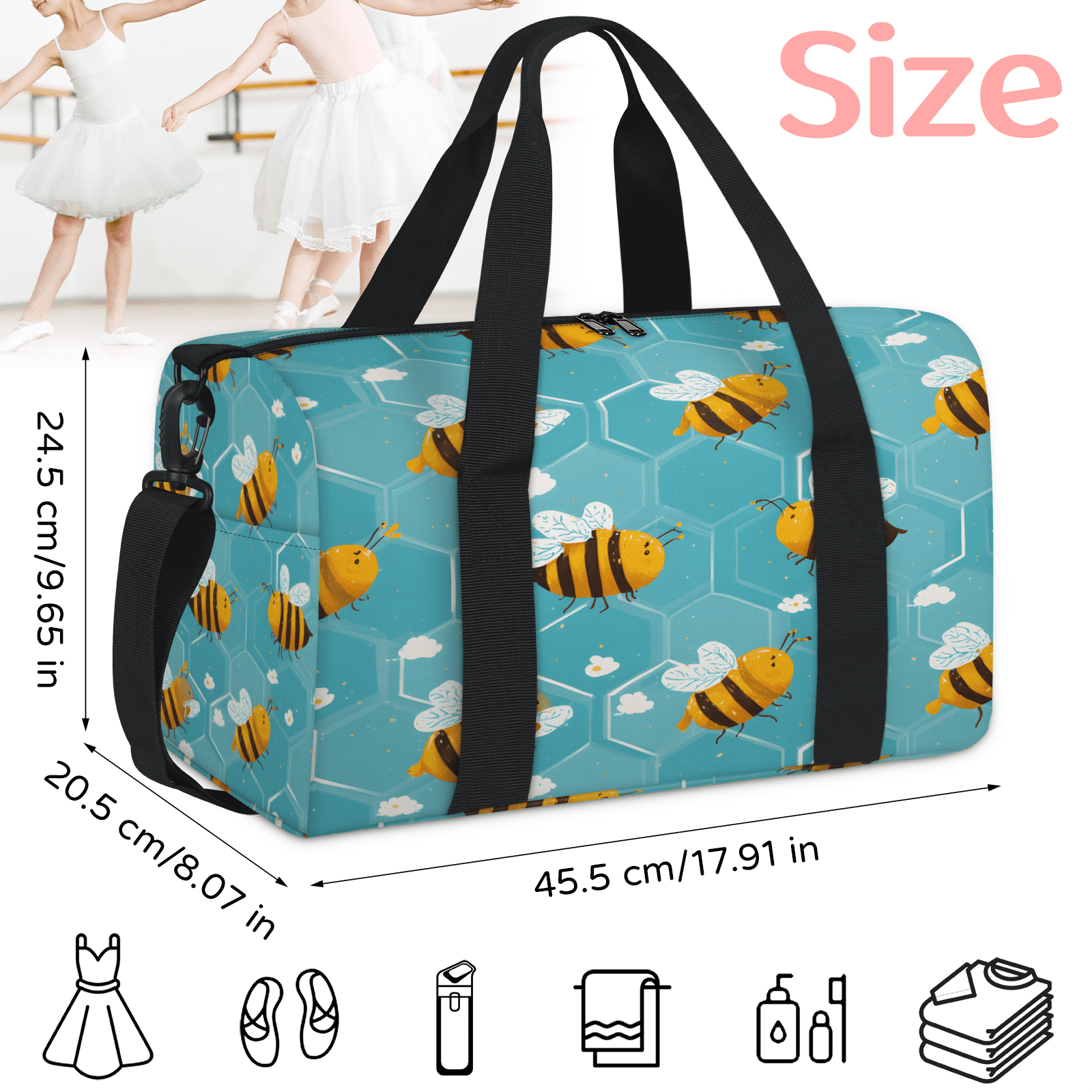 Herdesigns Cute Bee Gym Bag for Women, Duffle Bag for Travel Sport, Lightweight Waterproof Carry on Weekender Dance Yoga Workout Bags