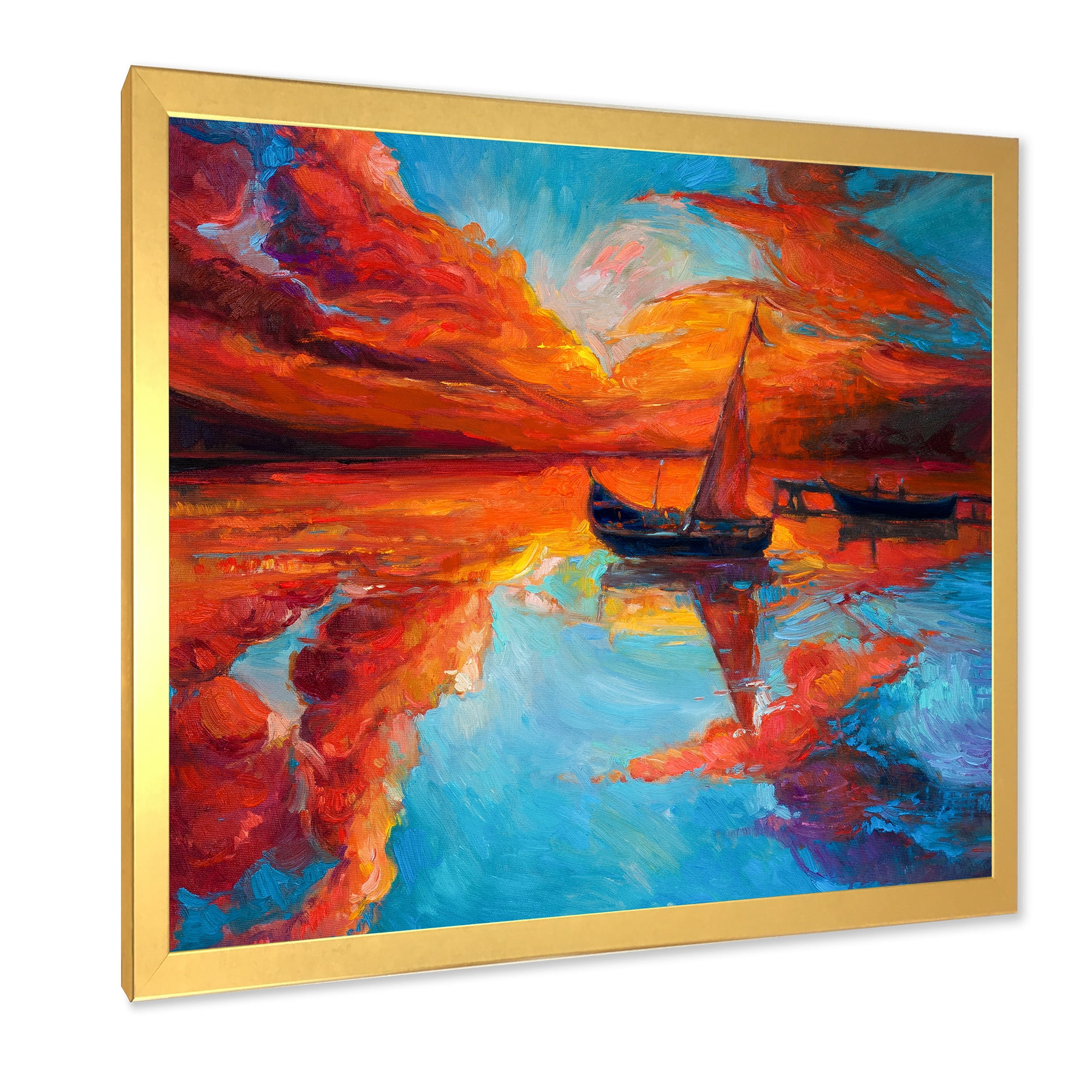 Little Boat During Warm Deep Red Evening Glow 36 in x 36 in Framed Painting Canvas Art Print, by Designart