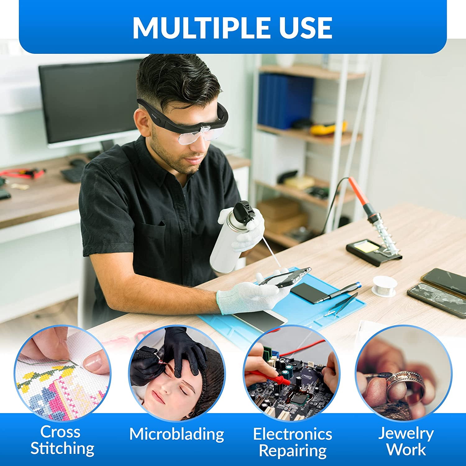 Rechargeable Magnifying Glasses, Head Magnifier Glasses with 2 LED Lights and Detachable Lenses, Best Eyeglasses Magnifier for Reading and Hobby