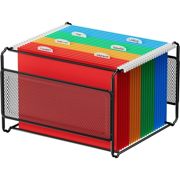Mesh Hanging File Organizer Box, Letter Size File Storage Box with Smooth Rails, Desktop Metal Filing Holder for Hanging Folders, Office File Organizer for Desk, Black