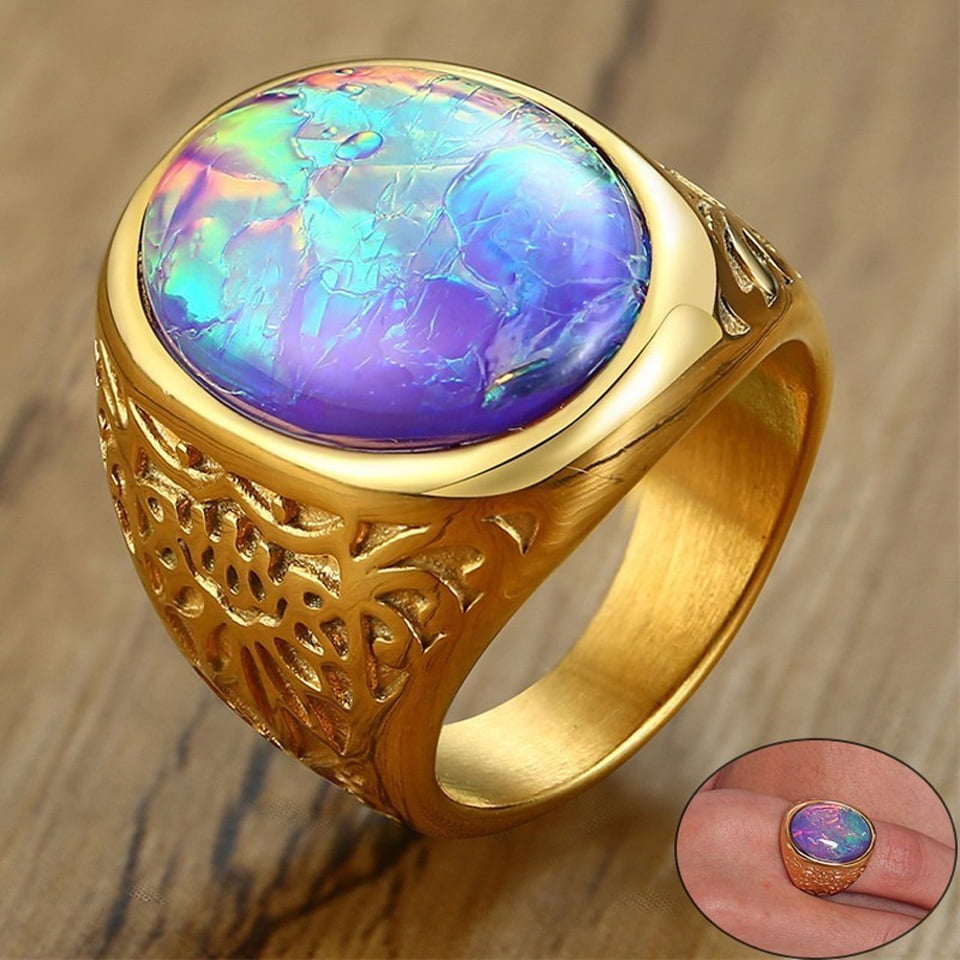 Stylish Mens Opal Ring Bright Colorful Solitaire Oval Stone Stainless