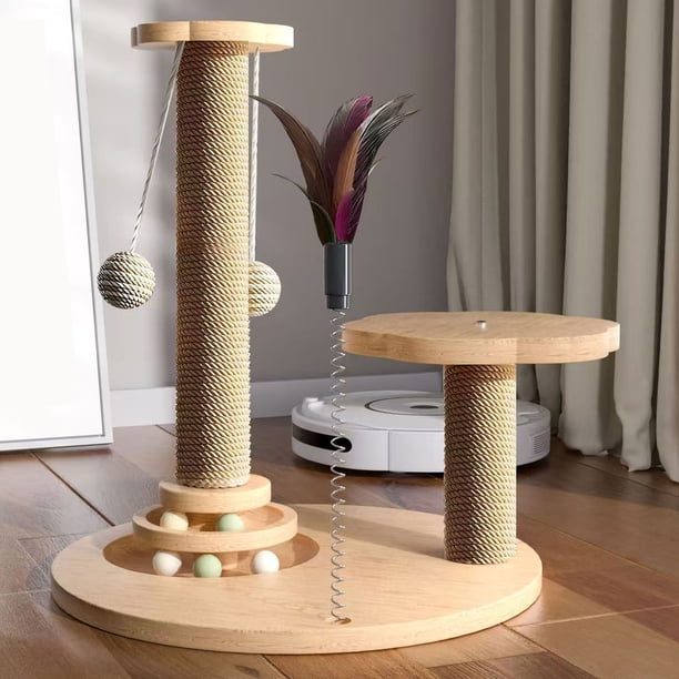 Poste Rascador Multifuncional Para Gatos, Base De Madera Maciza Con Cuerda De Sisal Natural, Juguete De Peluche Suave Para Gatos De Interior, 15 X 18,11 Pulgadas