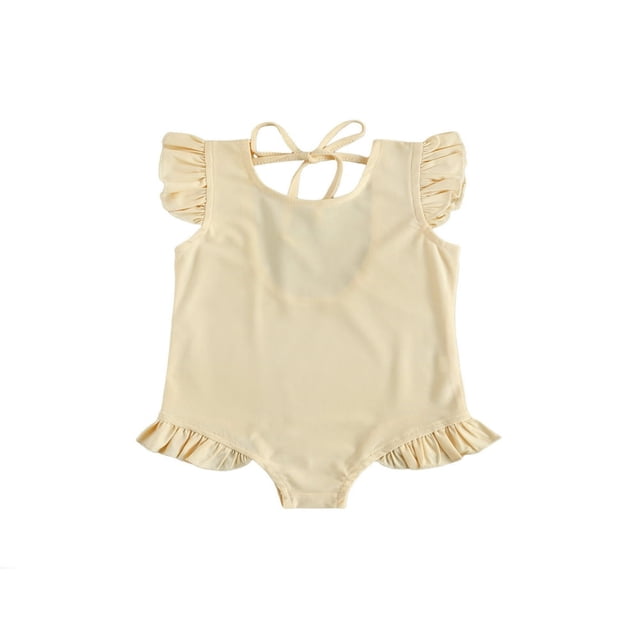 Summer Toddler Girls Swimwear Solid Ruffles Short Sleeve Backless Bikini Dark Orange 5-6 Years