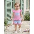thumbnail image 5 of BemeyourBBs Toddler Baby Girls Summer Clothes 2 Piece Outfits Baby Christening Clothes God Is Good All the Time Letter Bow Embroidery Flying Sleeve T Shirt Tops and Ruffle Shorts Set, 5 of 9
