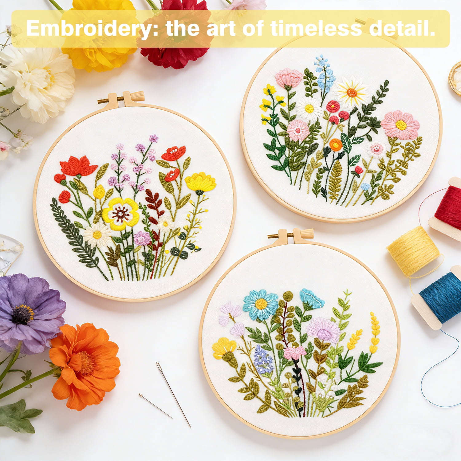 RidaaFri 3 Sets Floral Embroidery Kit Beginners, DIY Adults Craft Set, Step-by-Step Guide Video