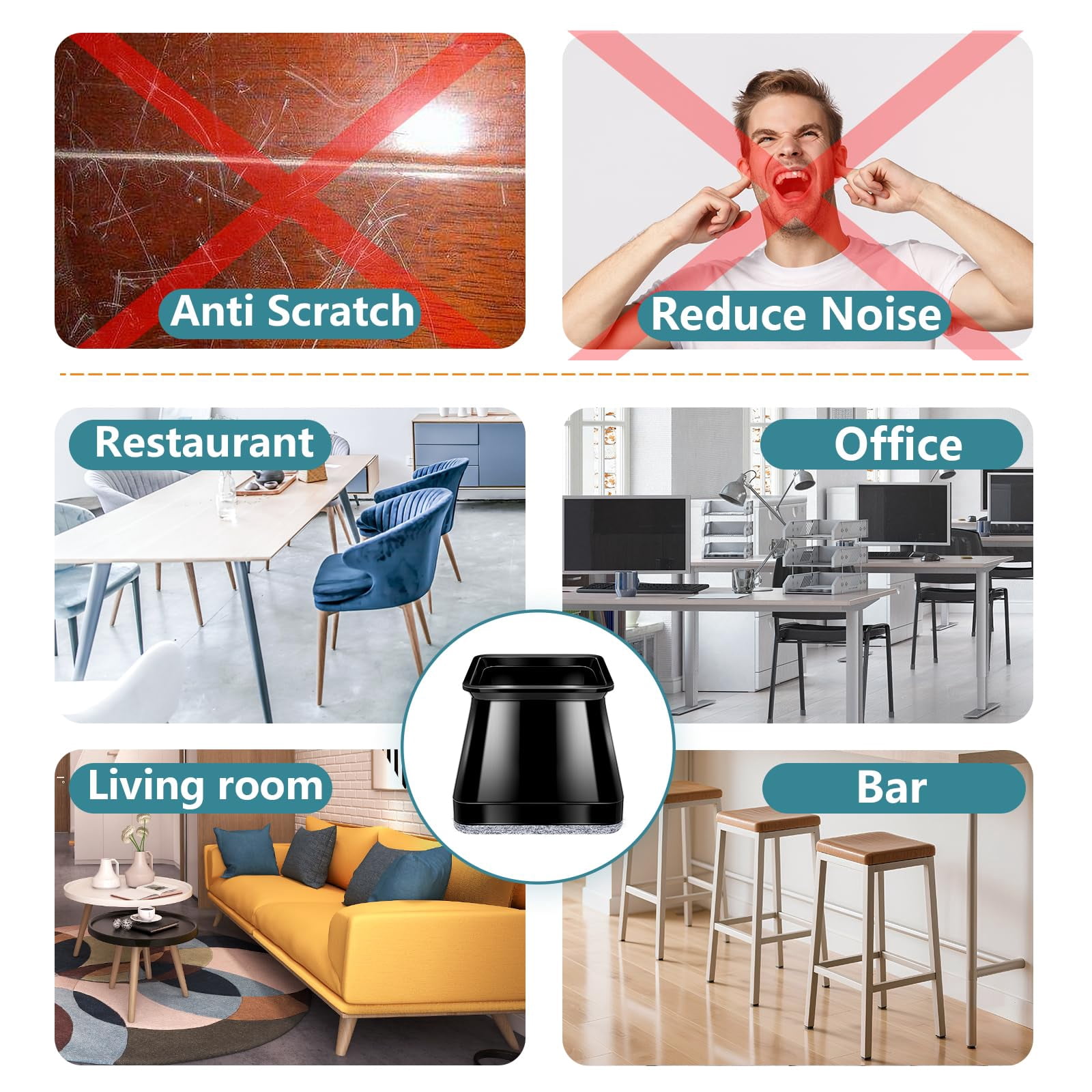 24 Chair Leg Floor Protectors Square Black Silicone Felt Furniture Pads Caps Covers For Hardwood Floors(fit:1-1/16" To 1-5/8")