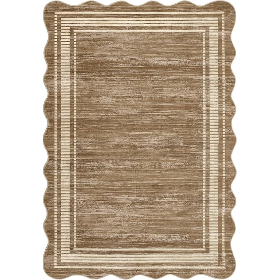 10x13 Washable Area Rug, Scalloped Low Pile Non Slip Soft Indoor Carpet, Stain Resistant Decorative Rug for Living Room, Bedroom, Dining Room, Office,Camel color