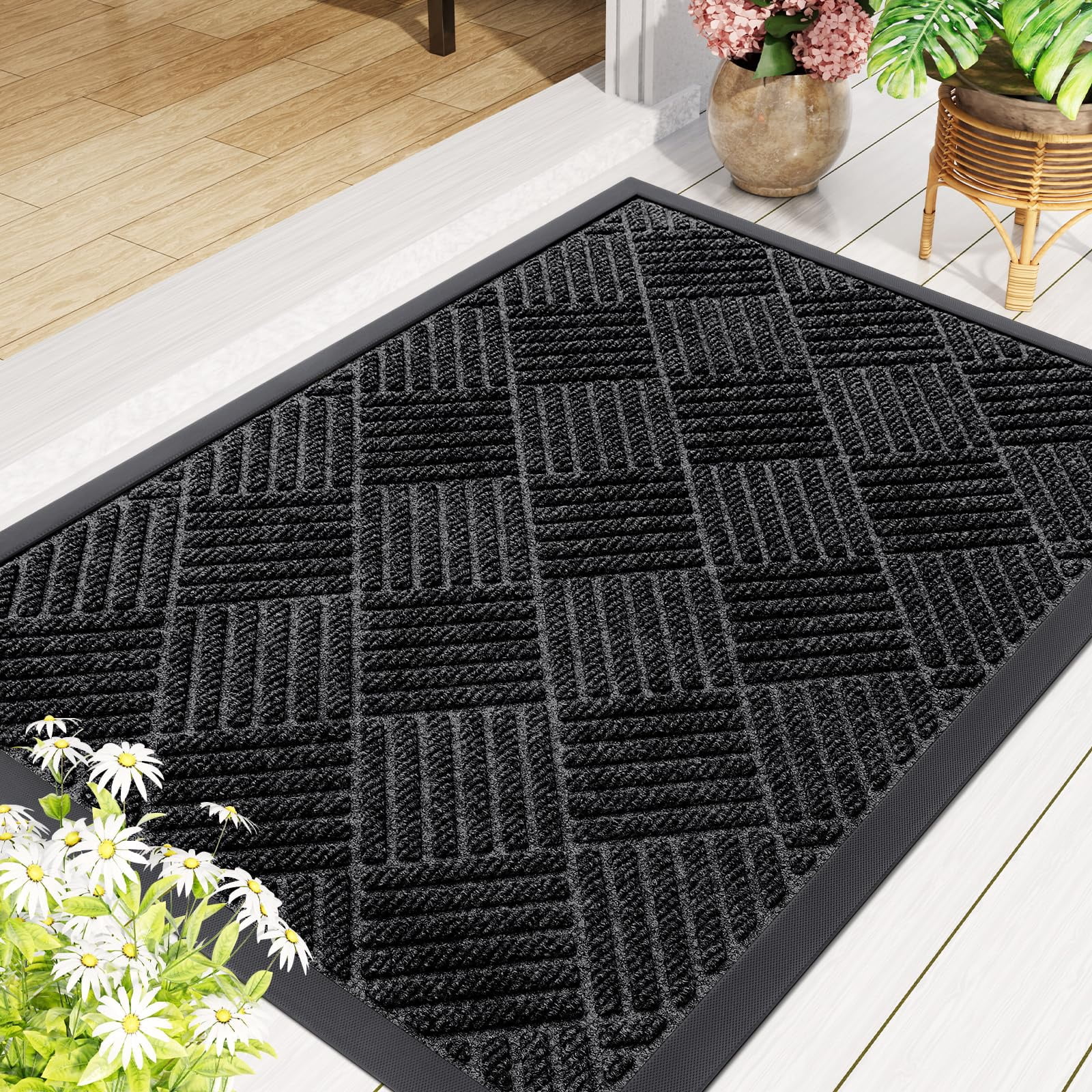 Smiry Front Door Mats For Inside, Low Profile Heavy Duty Outdoor Doormats, Non Slip Dirt Trapper Entryway Mat, 29.5x17, Black