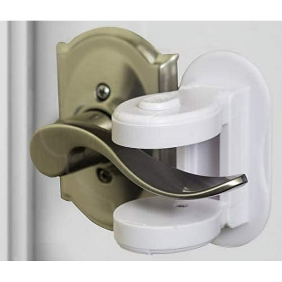 Baby Proofing Door Knob - Child Proof Door Knobs - Child Proof Door Locks - Adhesive Child Proof Door Lever Lock with Decoy Button, 2 Pack, White, Toddler