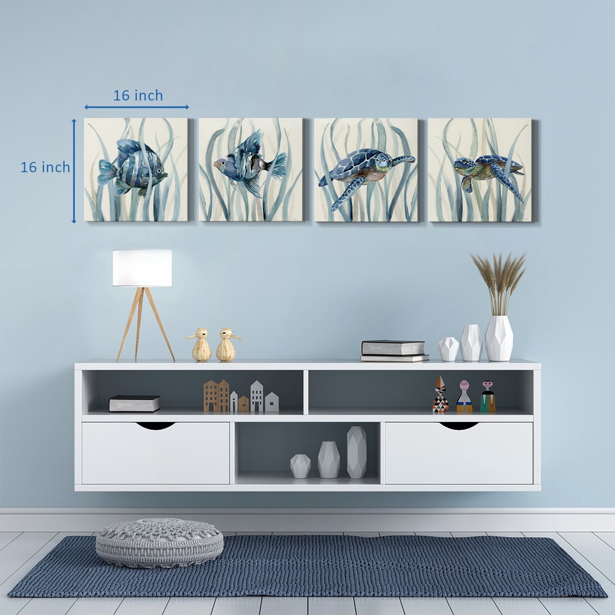 Wexford Home Sea Turtle Pictures Prints Nautical Wall Décor 32x32 inches for Each, Set of 4 total Ocean Tropical Fish Wall Art for Bathroom Bedroom Office