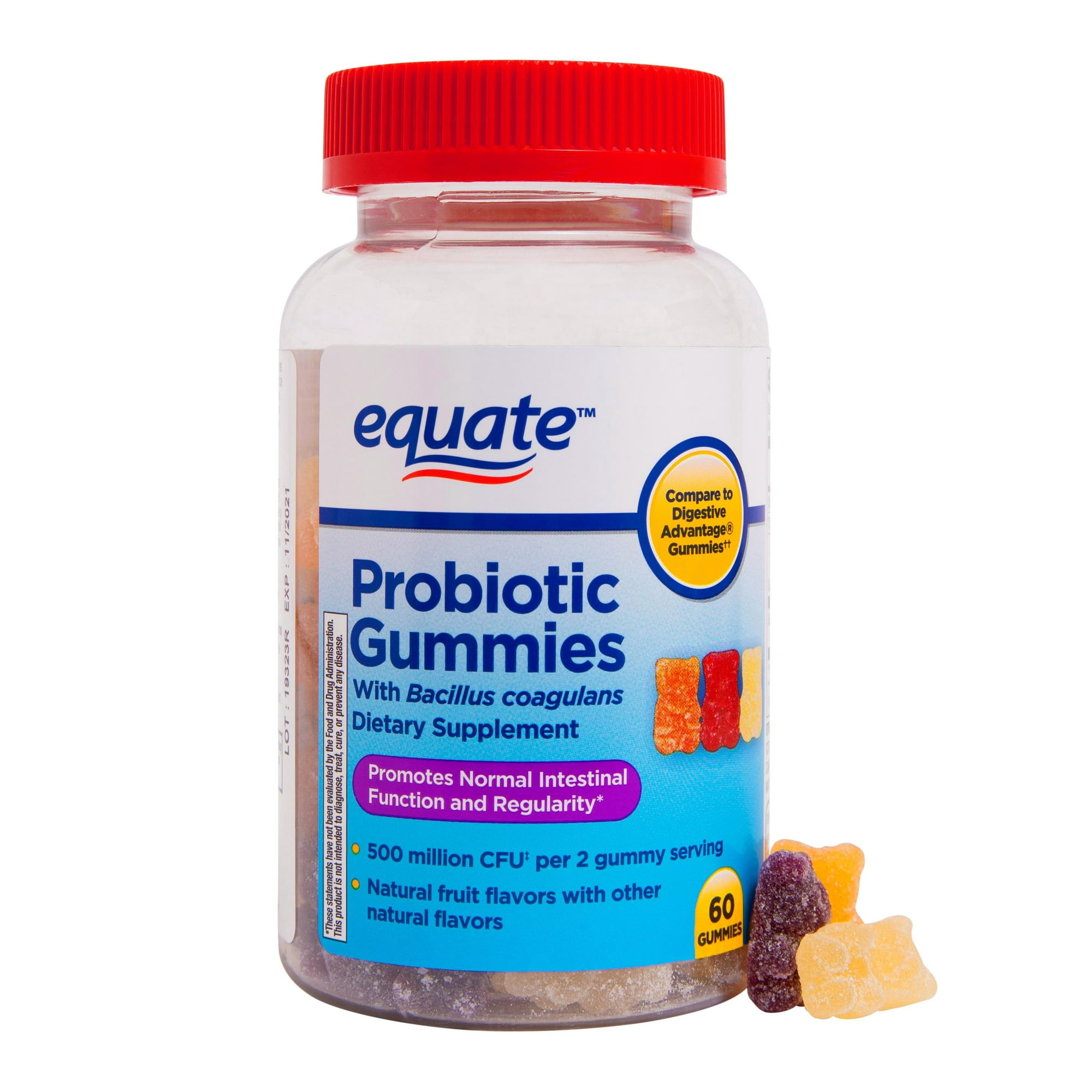 Equate Bacillus Coagulans Probiotic Supplement Gummies, Natural Fruit, 60 Count