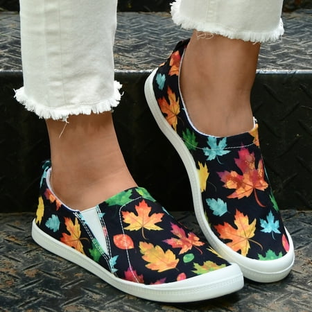 

Christmas Ladies Lazy Slip On Casual Shoes Maple Leaf Pumpkin Pattern Low Top Shoes Soft Sole Massage Flat Sneakers Fashion Casual