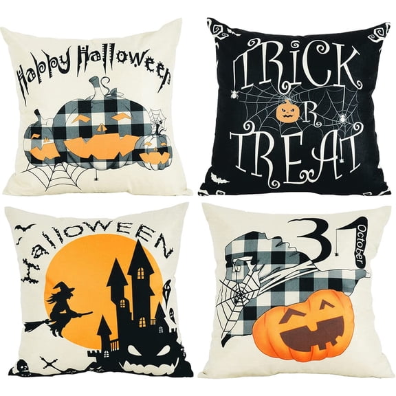 Brilbcu Halloween Pillow Covers 18×18 Inch Set of 4 Black and White Buffalo Plaid Linen Pillow Case for Couch, Happy Halloween Decorations Throw Cushion Decorations Pillow Covers