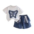 thumbnail image 3 of Shadoumai Girls Embroidered Short Sleeve Top Denim Shorts Summer Outfit Bow Cute Details Casual Playful Ensemble For Toddler Kid Back to School Outfits, 3 of 8
